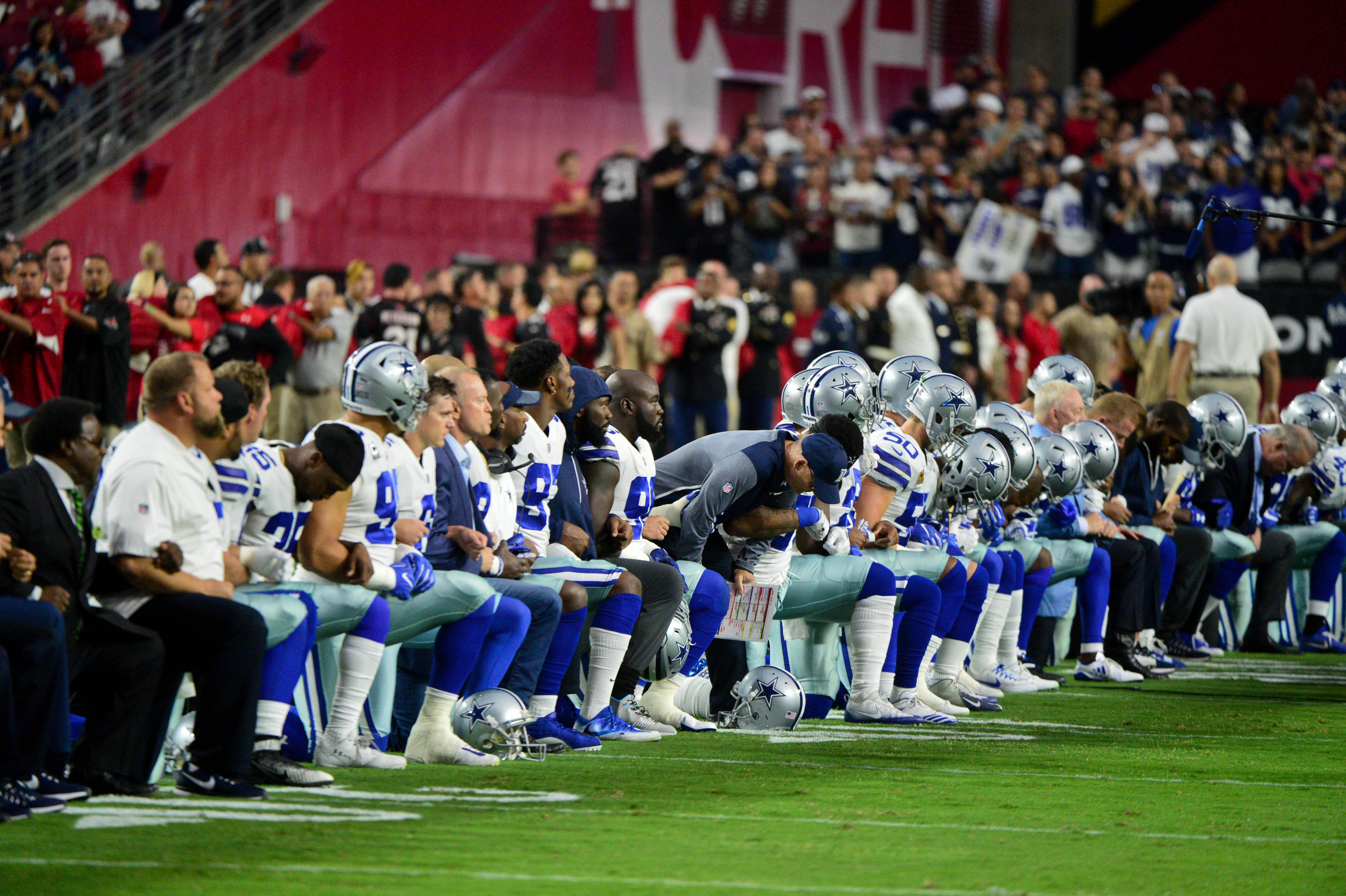 Dallas Cowboys, Including Owner Jerry Jones, Link Arms, Kneel Ahead Of ...